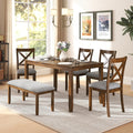 Zevemomo 6-Piece Wooden Dining Table Set, Dining Table Set for 6, Including 1 Dining Table, 4 Upholstered Chairs and 1 Bench, Wooden Legs Dining Table, Table Set for Dining Room & Kitchen, Walnut