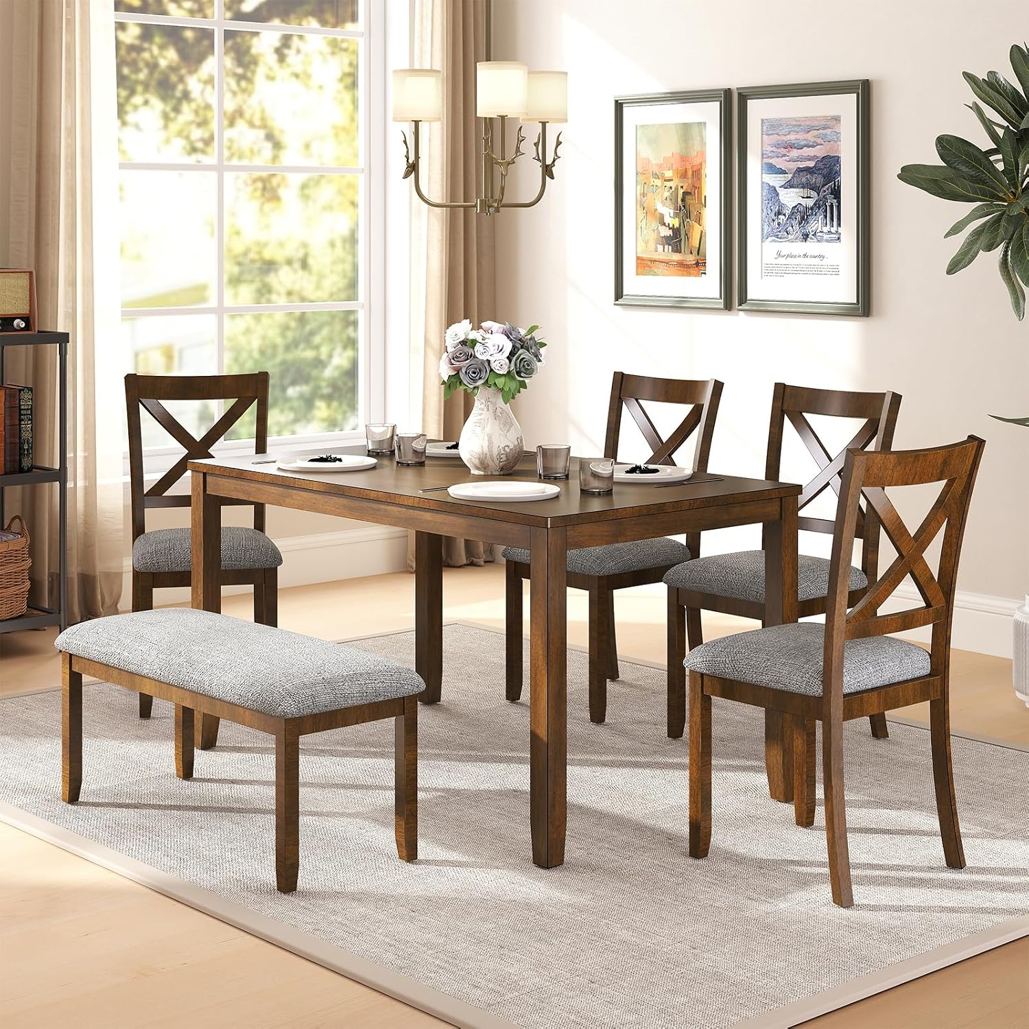 Zevemomo 6-Piece Wooden Dining Table Set, Dining Table Set for 6, Including 1 Dining Table, 4 Upholstered Chairs and 1 Bench, Wooden Legs Dining Table, Table Set for Dining Room & Kitchen, Walnut
