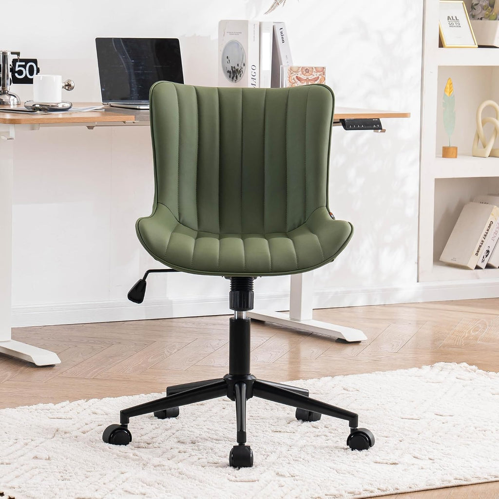 YOUNIKE Olive Green Office Desk Chair with Wheels Armless Compact Comfy Vanity Chair with Adjustable Back Modern Small Faux Leather Upholstered Swivel Cute Rolling Computer Task Chair No Arms