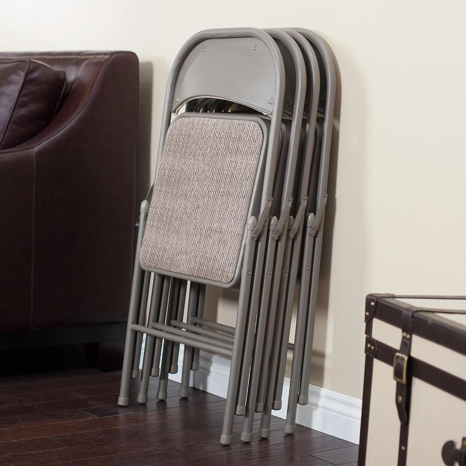 MECO 4-Pack Steel Frame Folding Dining & Event Chairs, Chicory Lace Motif Upholstery, Beige - Foldable Seating with Cushioned Seat and Padded Back for Kitchen, Parties or Game Tables