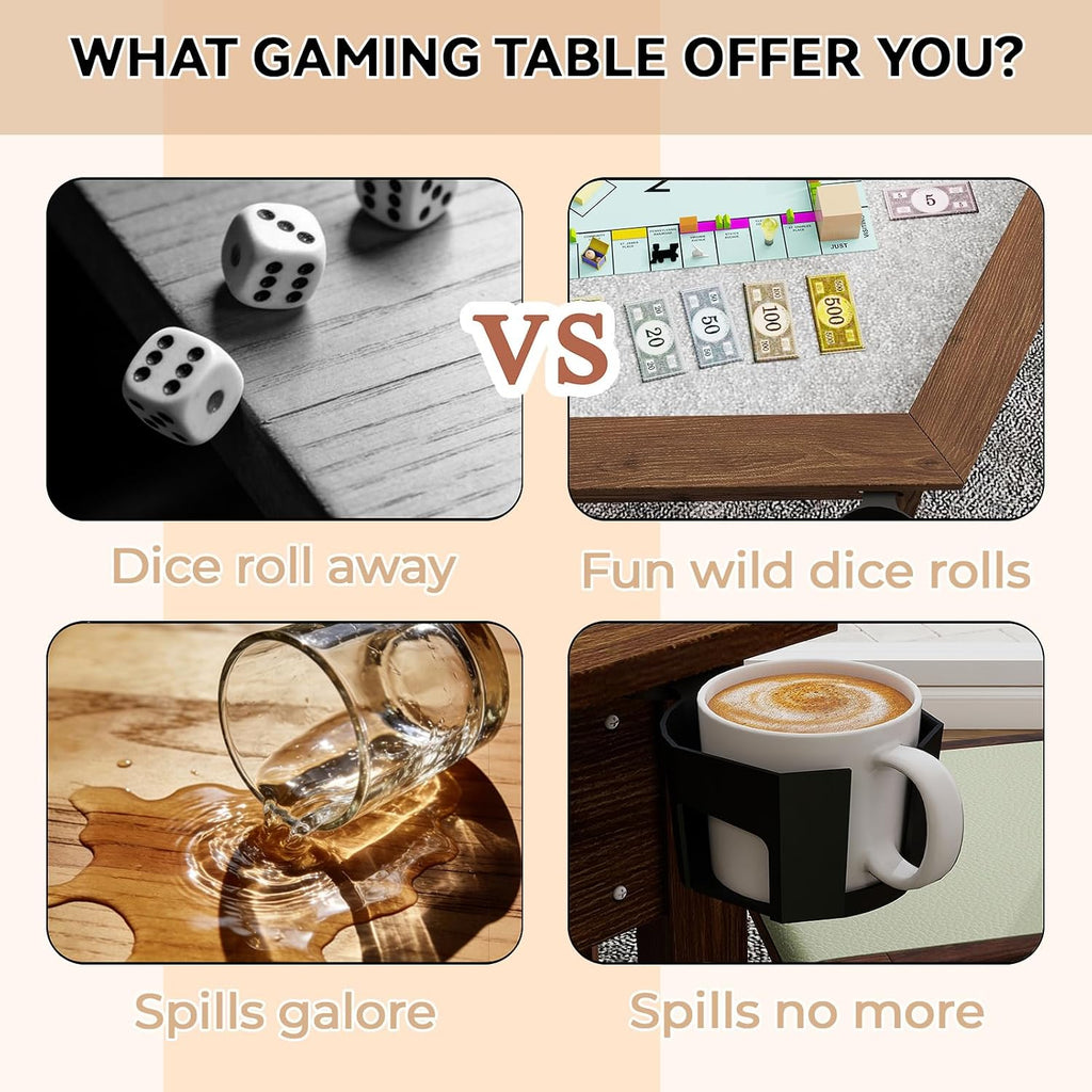 Board Game Table with Rotating Cup Holders for 6 Players, Hexagon Gaming and Dining Table with Removable Table Top & Non-Slip Play Mat, Multifunctional Table with for DND/Poker/Card Games