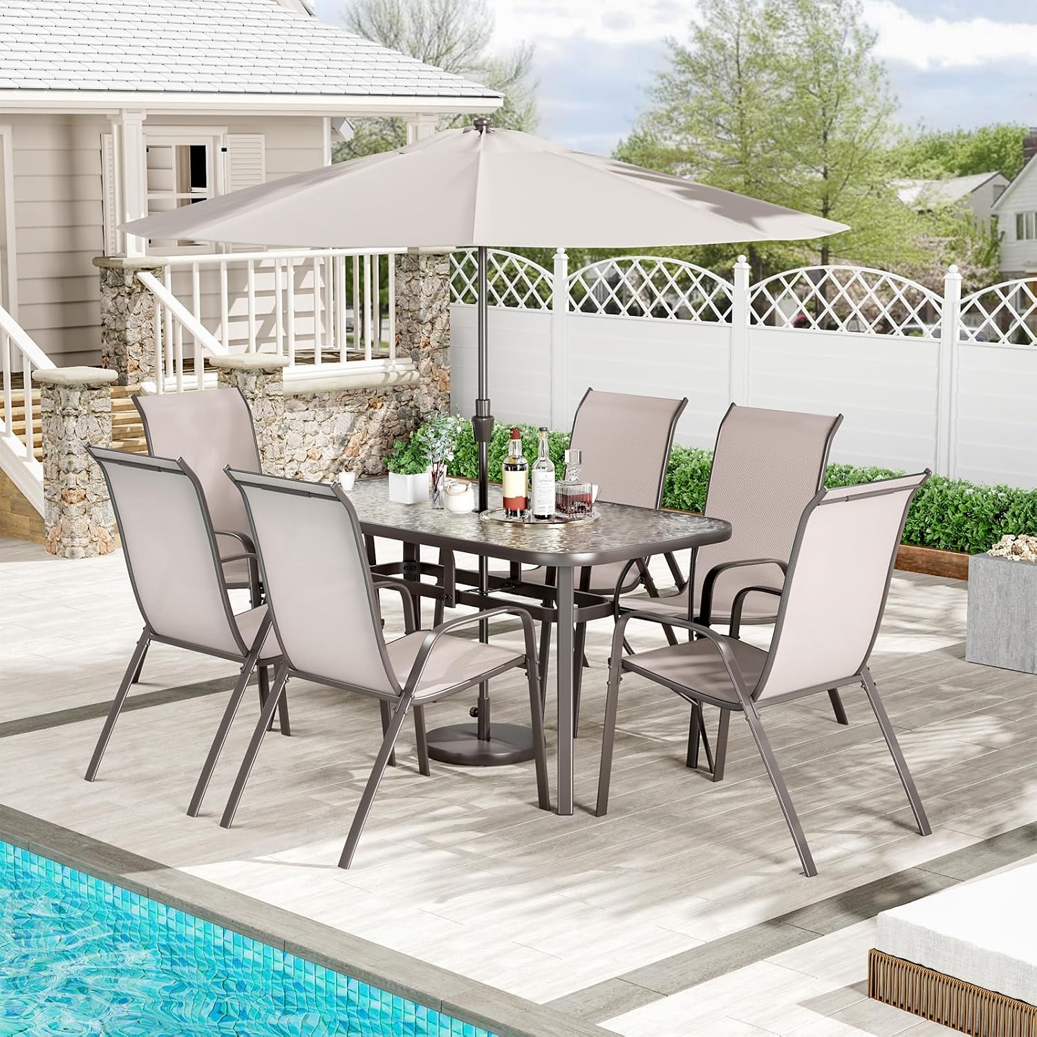 TLSUNNY Patio Dining Set for 6, Outdoor Table and Chairs W/1.69″ Umbrella Hole, 30'X 55' Table and Stackable Textilene Chair, All Weather Patio Furniture Set (Umbrella not Included) (Beige)