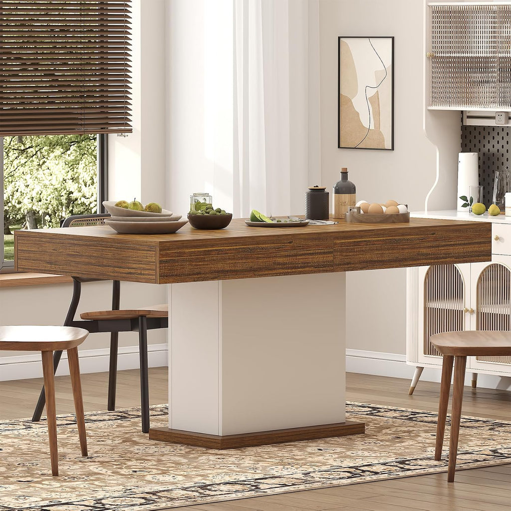 Dining Table with Drawers for 4-6 People, 55 Inches Dinner Table with Led Lights Wooden Pedestal Base, Rectangular Kitchen Table for Kitchen, Living Room, White& Rustic Brown
