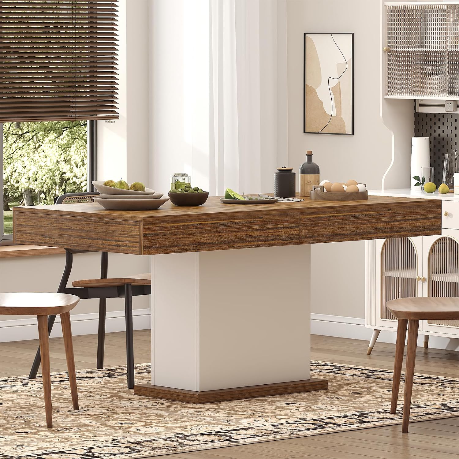 Dining Table with Drawers for 4-6 People, 55 Inches Dinner Table with Led Lights Wooden Pedestal Base, Rectangular Kitchen Table for Kitchen, Living Room, White& Rustic Brown