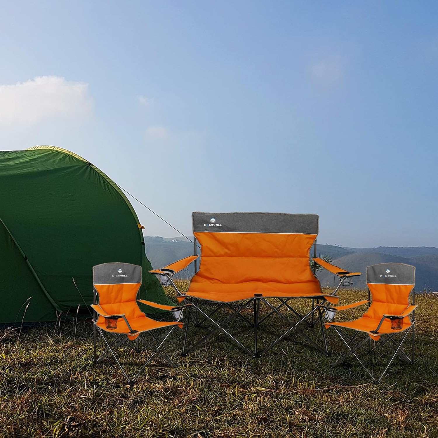 Camping Chair Set of 3, Outdoor Folding Camping Chairs for Heavy People with Cup Holder & Carry Bag,Collapsible Chair Include One Sofa Chair and Two Single Chair,Support up to 500lbs