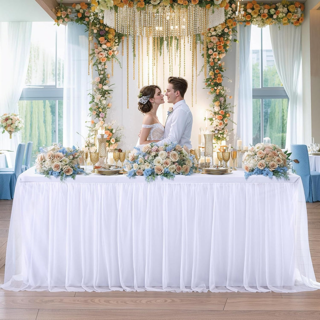 6 Pack White Table Cloth for 6 Foot Rectangle Tables, White Stretch Fitted Tulle Table Covers Skirt, Rectangular Ruffle Tutu Tablecloth Wedding Banquet Baby Shower Cake Tablecloths Decorations