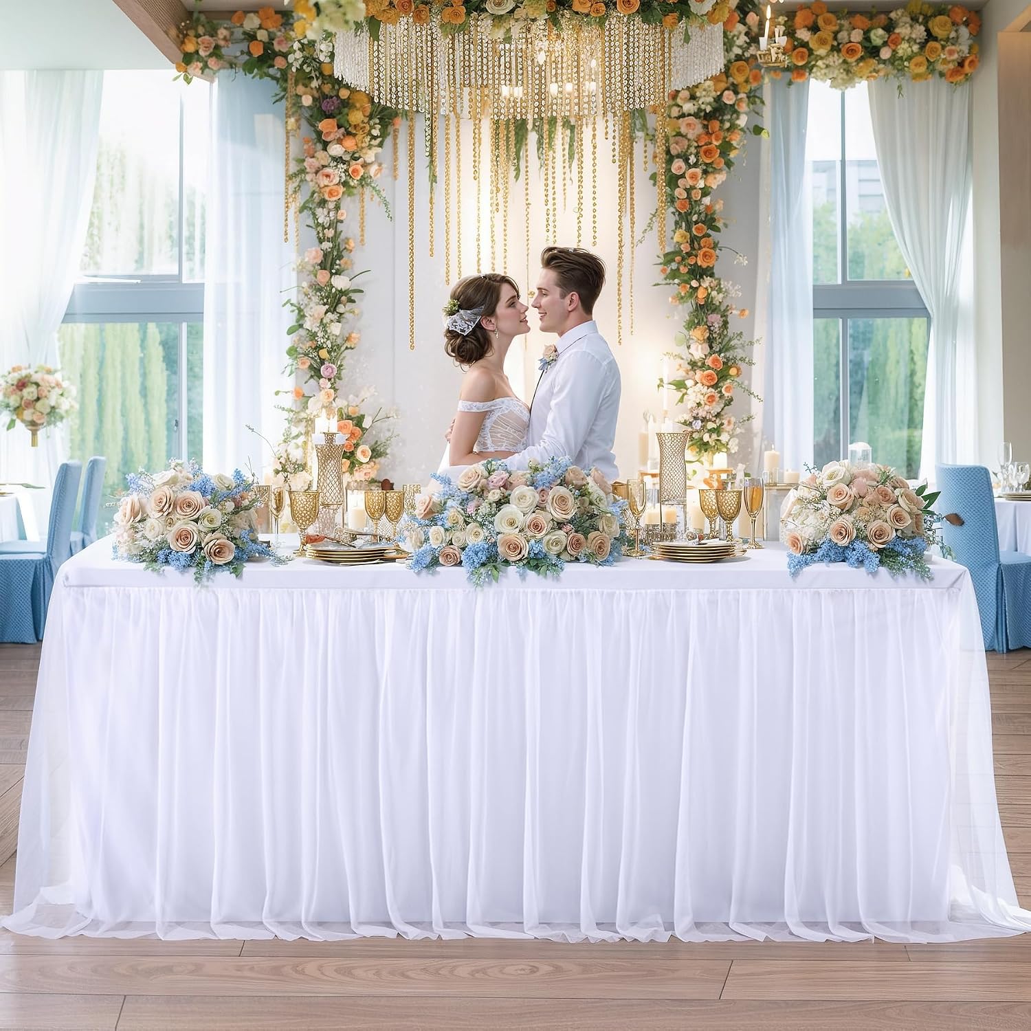 6 Pack White Table Cloth for 6 Foot Rectangle Tables, White Stretch Fitted Tulle Table Covers Skirt, Rectangular Ruffle Tutu Tablecloth Wedding Banquet Baby Shower Cake Tablecloths Decorations