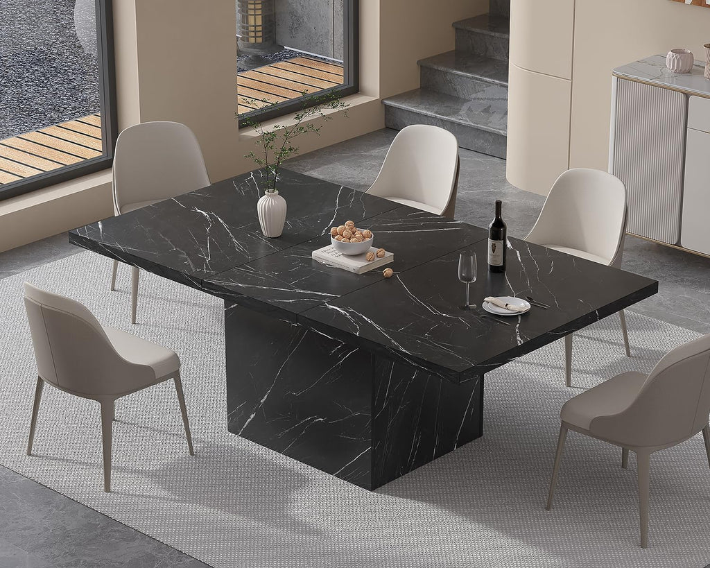 HSH Black Faux Marble Dining Table, 63 inch Modern Dinner Table for 6 Person, Farmhouse Rectanglur Kitchen Table for Living Room, Long Wood Dining Room Tables with strong Pedestal, Black Marble, 63 In