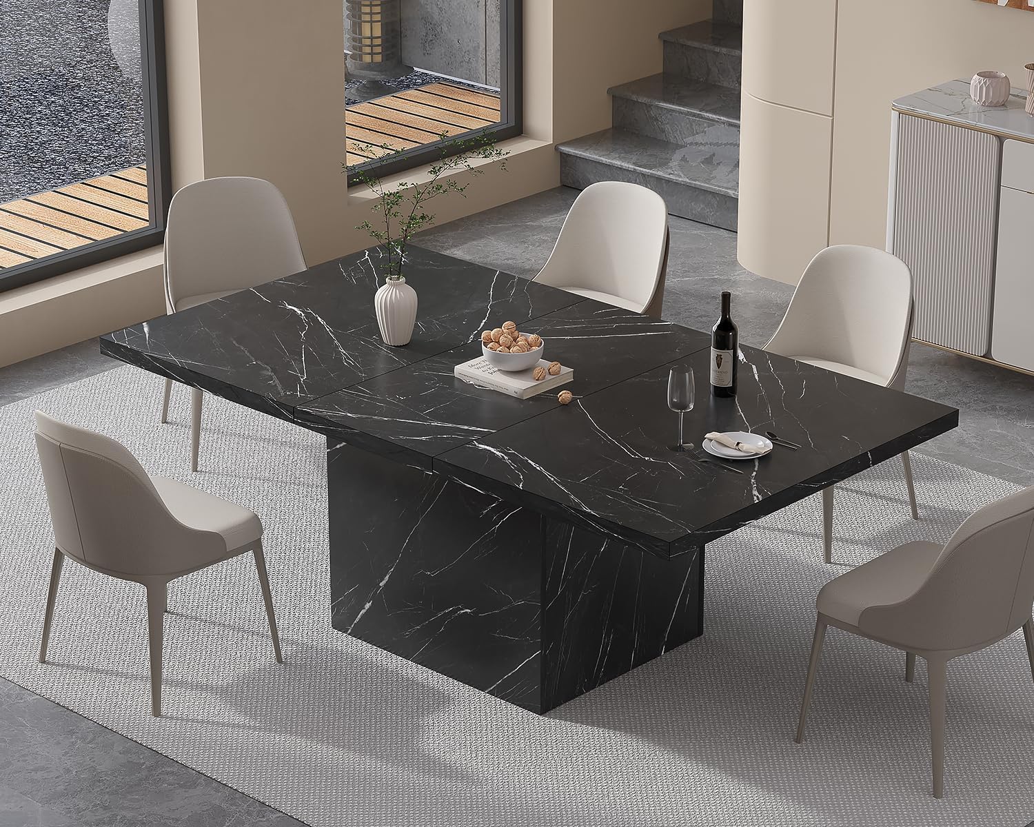 HSH Black Faux Marble Dining Table, 63 inch Modern Dinner Table for 6 Person, Farmhouse Rectanglur Kitchen Table for Living Room, Long Wood Dining Room Tables with strong Pedestal, Black Marble, 63 In
