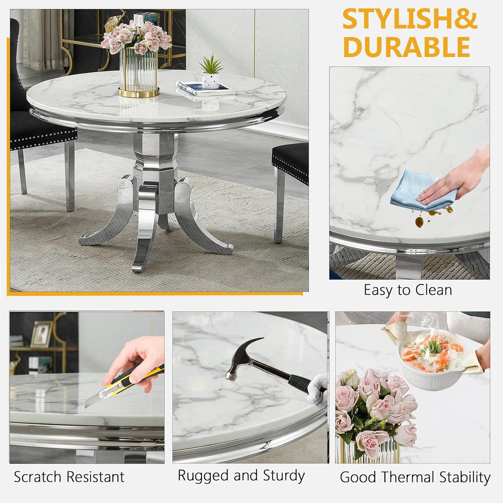 45 in Round Marble Dining Table for 4 to 6, Modern Circular White Faux Marble Kitchen Table with Silver Stainless Steel Leg, Round Kitchen Dining Room Table for Breakfast Dinette Dinner Dinning Room