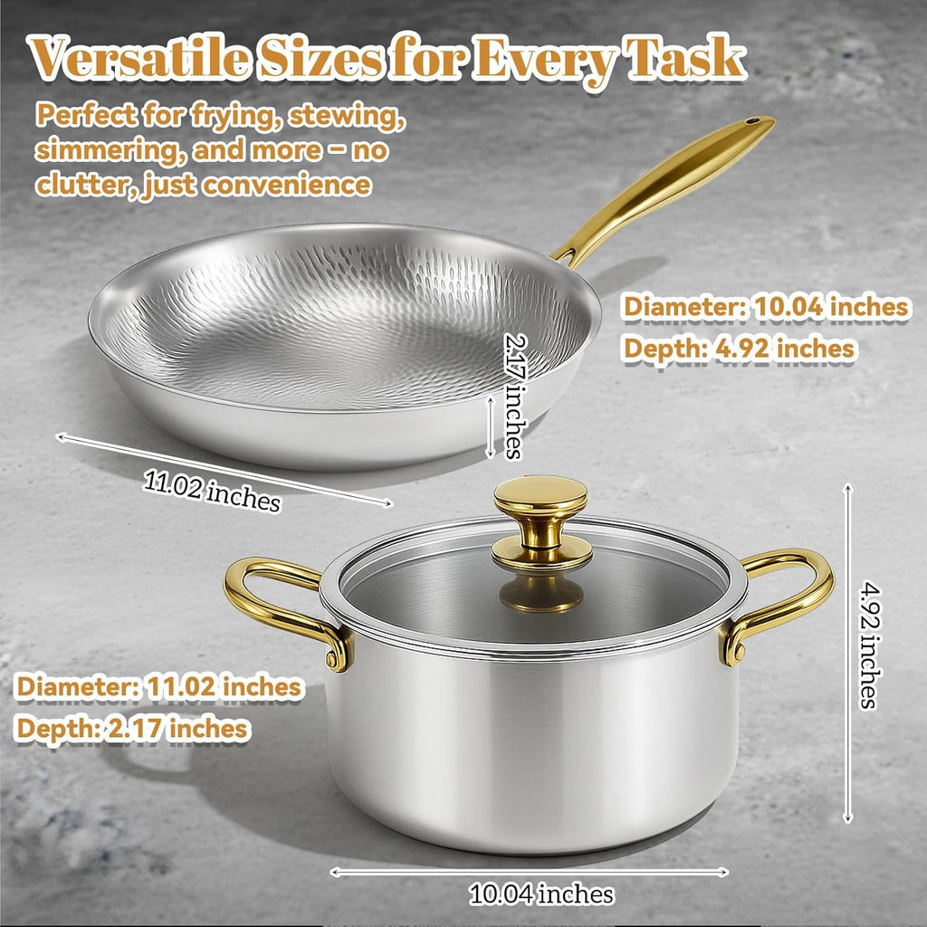 LemonRoad 2 Pieces Titanium Cookware Set, 11'' and 9.45'' Pots and Pans with Lids Triply Titanium No Coat Technology Safe for Oven, Induction and Cook Tops, Dishwasher Safe (Pan and Soup Pot)