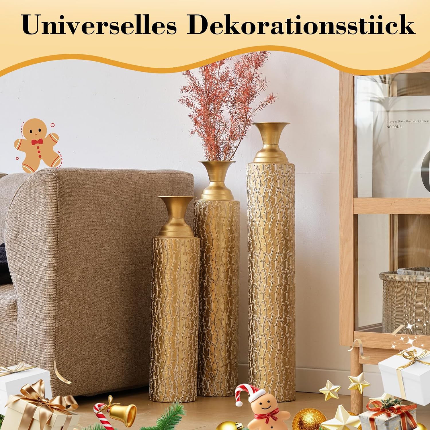 Set of 3 Gold Metal Decorative Vases – 34'/29'/25' Tall Distressed Centerpiece Vases, Gold Floral Pattern, Tall Metal Standing Vase for Home Decor(Golden Willow)