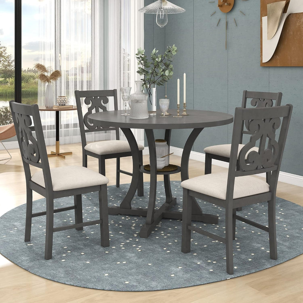 Harper & Bright Designs 5-Piece Round Dining Table and Chair Set, Round Dining Table with Shelf, Wood Dining Table Set for Family Dining Area