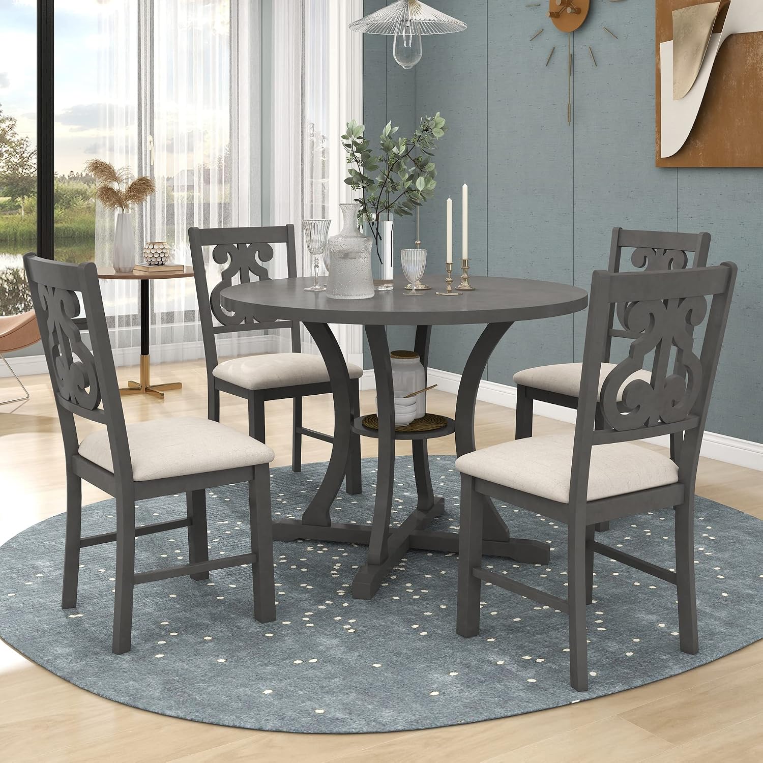 Harper & Bright Designs 5-Piece Round Dining Table and Chair Set, Round Dining Table with Shelf, Wood Dining Table Set for Family Dining Area