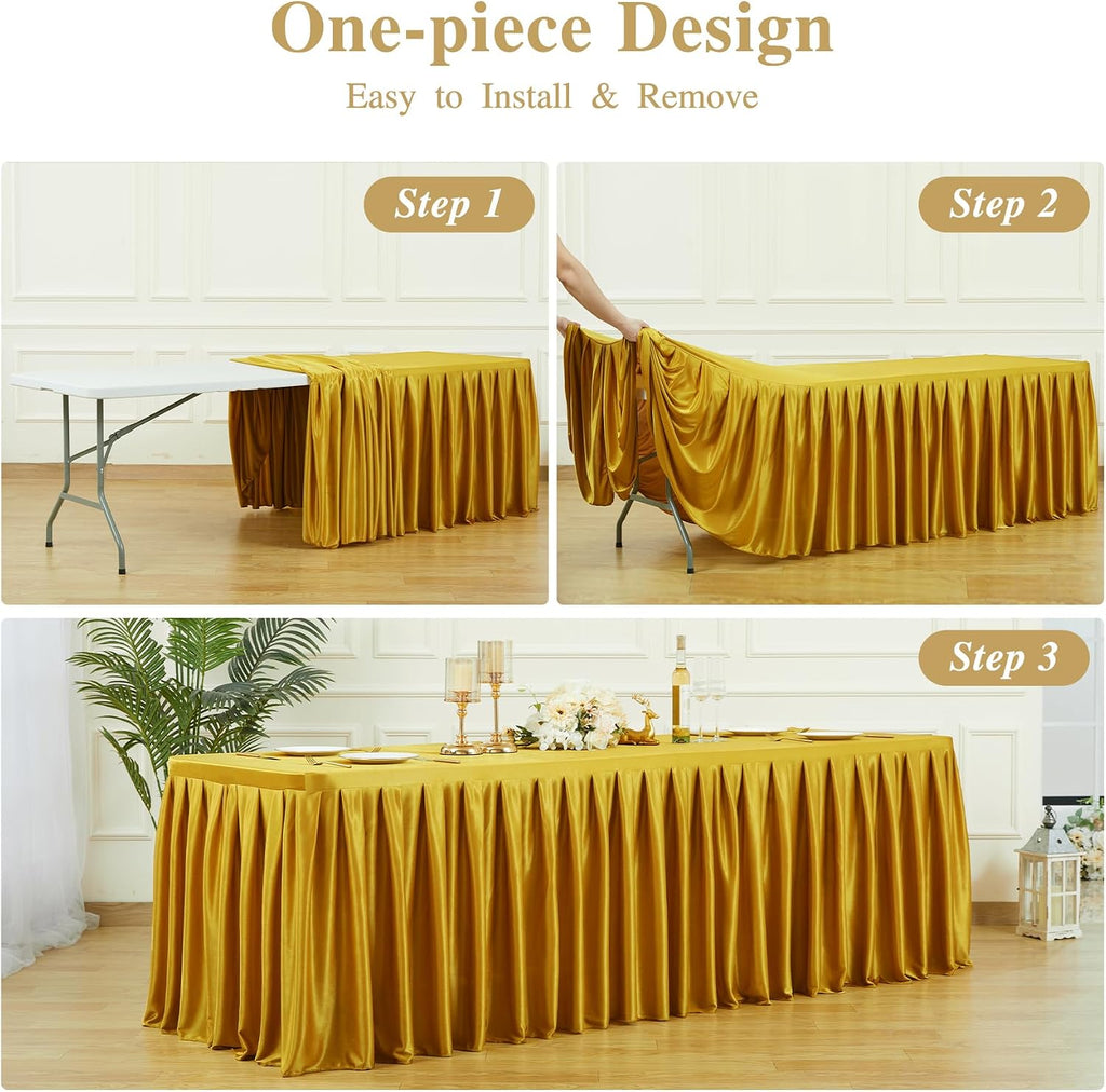 6 Pack 6FT Gold Satin Tablecloths for Rectangle Tables - Shiny Spandex Party Table Cover with Pleated Table Skirt, No-Wrinkle & Glossy Wedding Tablecloth One-Piece for Birthday Baby Shower Banquet