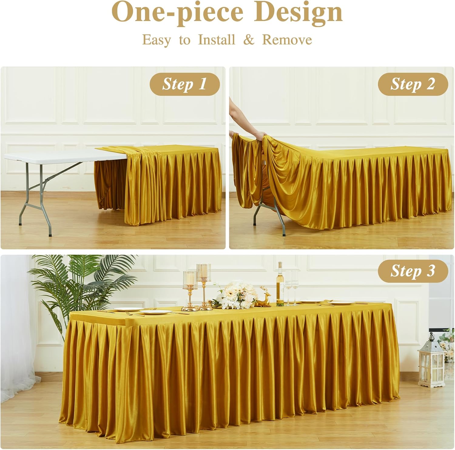 6 Pack 6FT Gold Satin Tablecloths for Rectangle Tables - Shiny Spandex Party Table Cover with Pleated Table Skirt, No-Wrinkle & Glossy Wedding Tablecloth One-Piece for Birthday Baby Shower Banquet