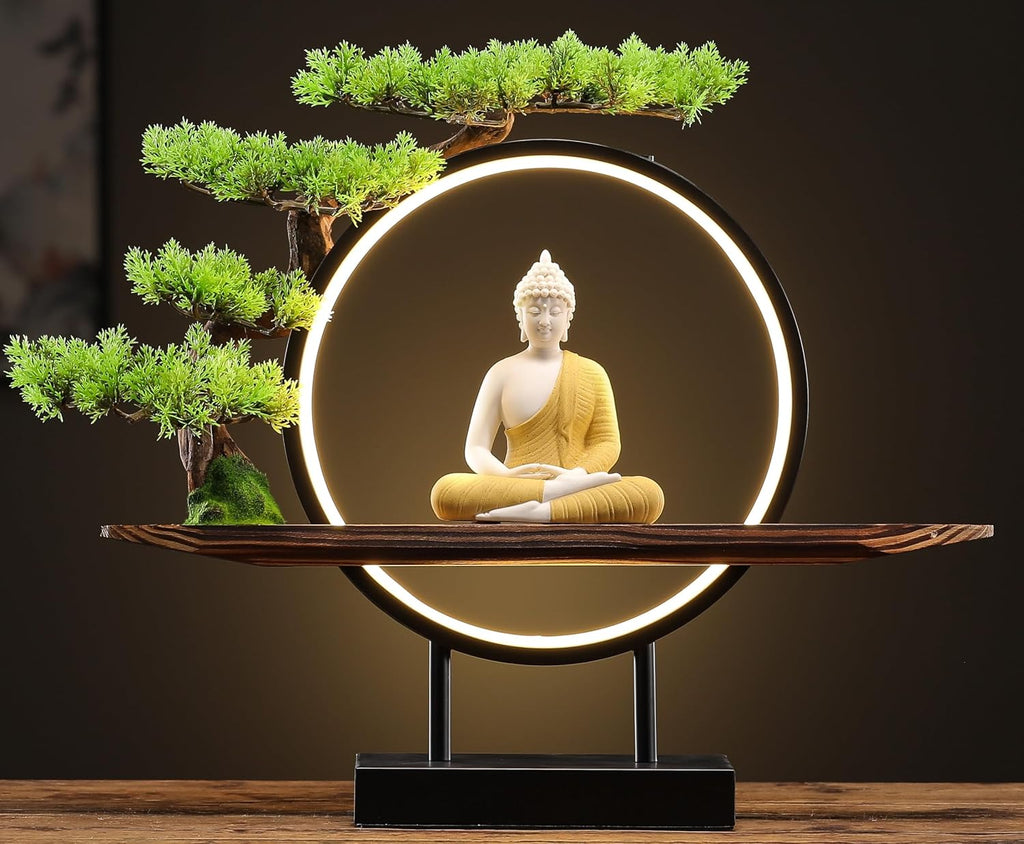 Houlu Yellow Buddha Statue with Green Artificial Tree and LED Circle Table Lamp, Indoor Ceramic Buddha Statues for Home Decor, 16.5 in