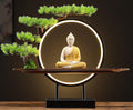 Houlu Yellow Buddha Statue with Green Artificial Tree and LED Circle Table Lamp, Indoor Ceramic Buddha Statues for Home Decor, 16.5 in
