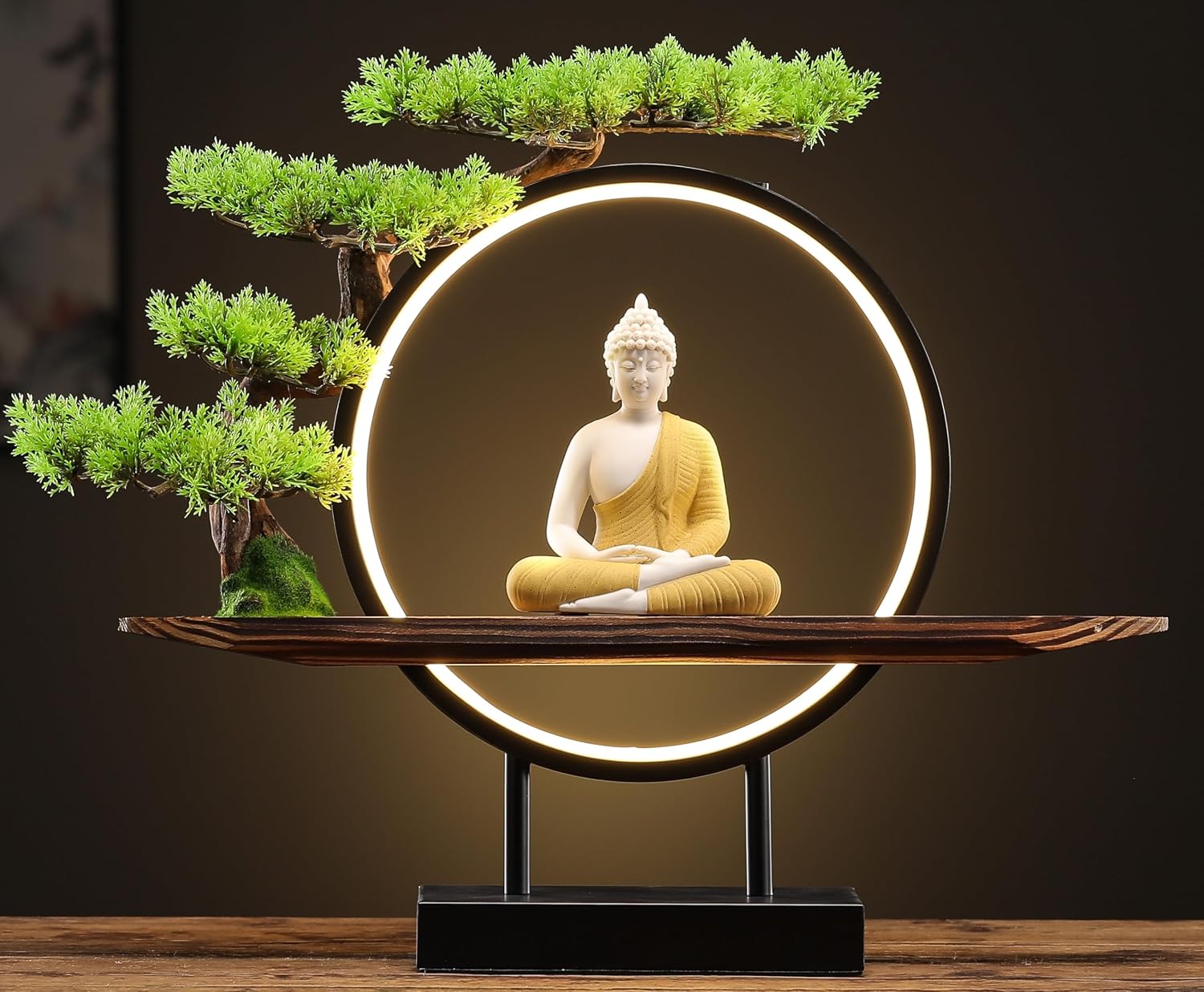 Houlu Yellow Buddha Statue with Green Artificial Tree and LED Circle Table Lamp, Indoor Ceramic Buddha Statues for Home Decor, 16.5 in