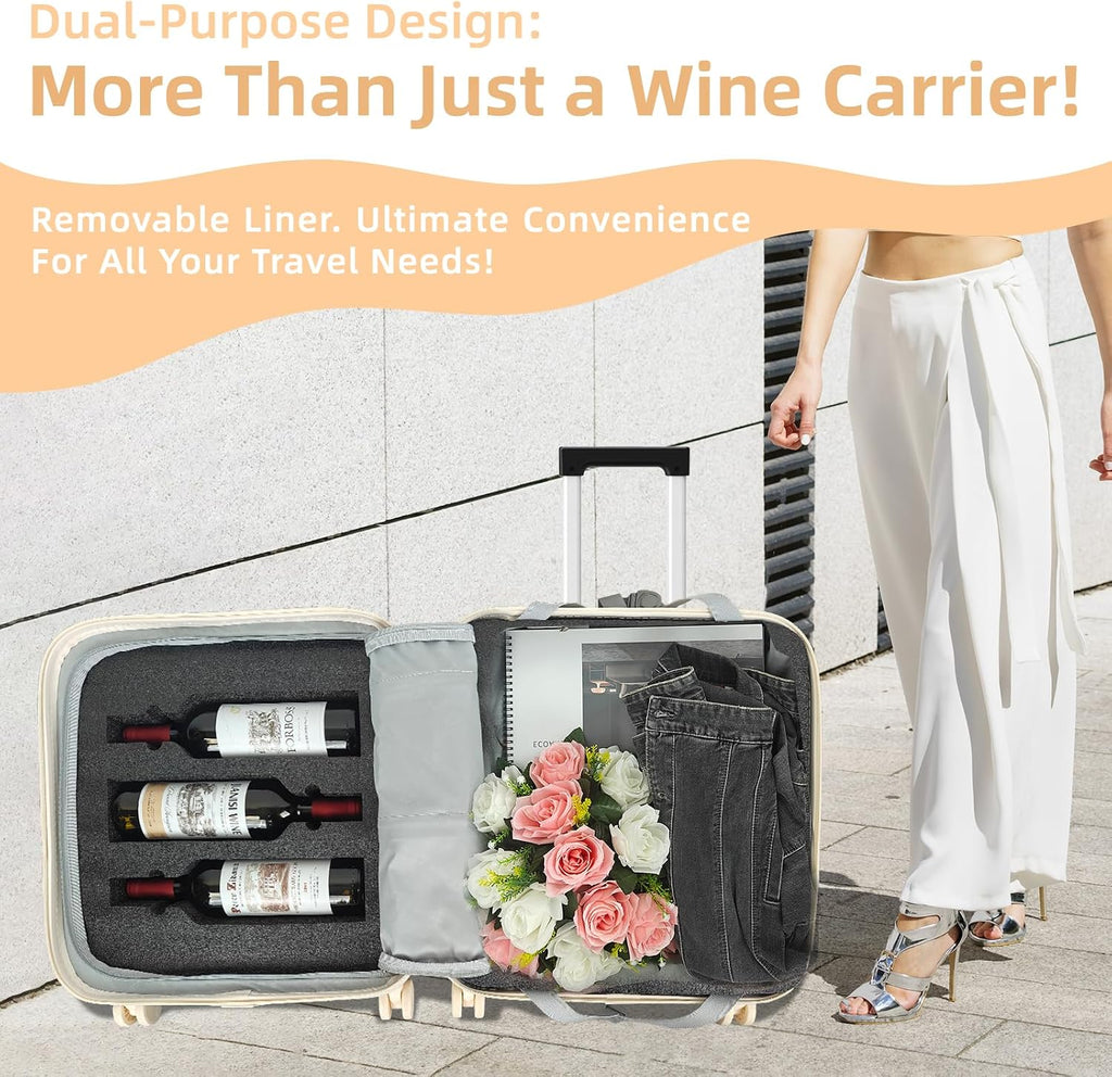 Wine Suitcase - 6 Bottle Travel Case with TSA Lock, Removable Inserts and Silent Spinner Wheels