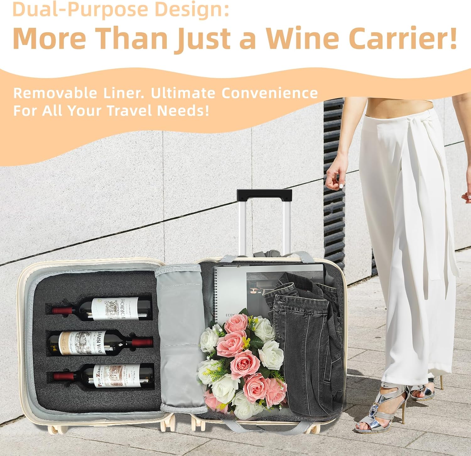 Wine Suitcase - 6 Bottle Travel Case with TSA Lock, Removable Inserts and Silent Spinner Wheels