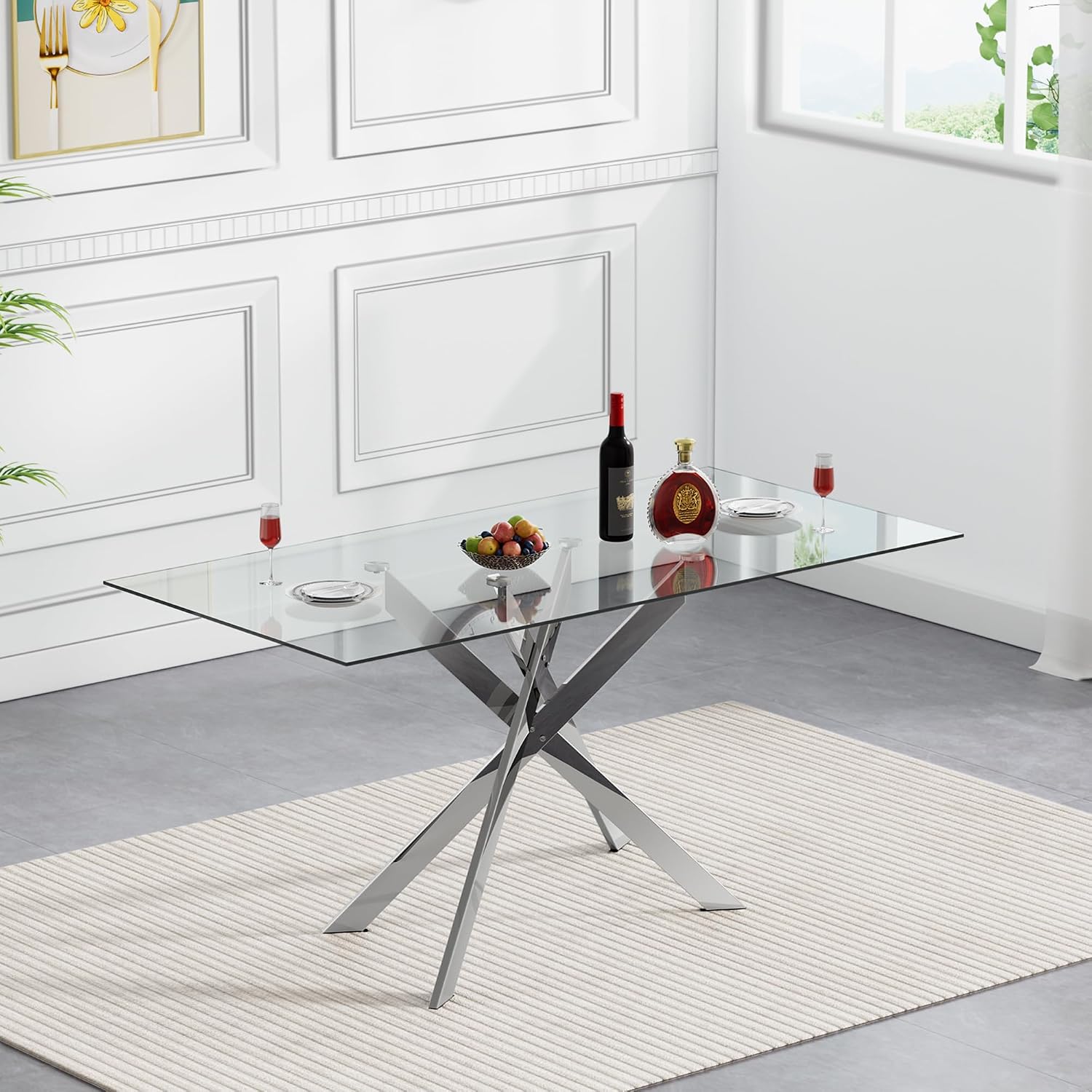 HomVent 5 Piece Rectangular Glass Dining Table Set, Tempered Glass Dinner Table Set for 4 Kitchen Table Set with 4 Velvet Upholstered Chairs for Kitchen Dining Room
