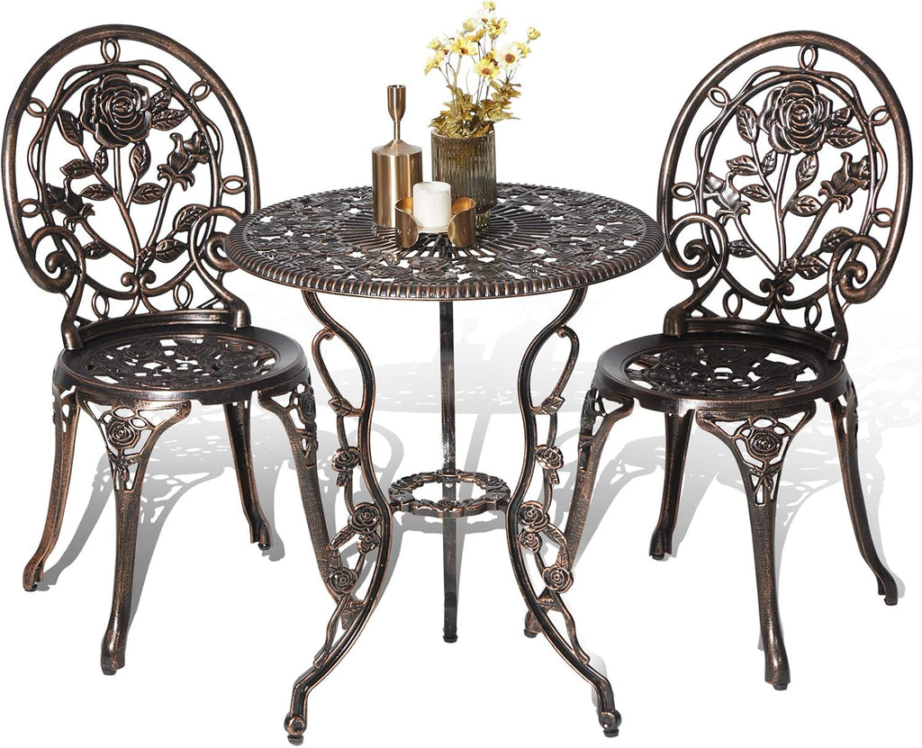 HOMEFUN Bistro Table and Chairs Set of 2 Outdoor 3 Piece Patio Set, Rose Pattern Cast Aluminum Bistro for Garden Balcony, Durable Rust All-Weather Resistance, Rose Bronze