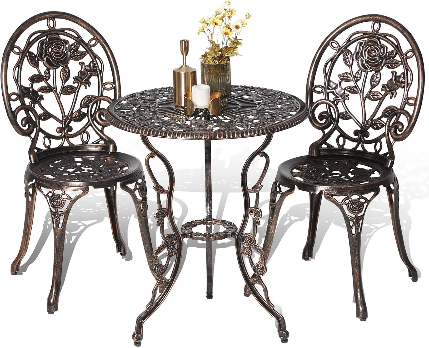 HOMEFUN Bistro Table and Chairs Set of 2 Outdoor 3 Piece Patio Set, Rose Pattern Cast Aluminum Bistro for Garden Balcony, Durable Rust All-Weather Resistance, Rose Bronze