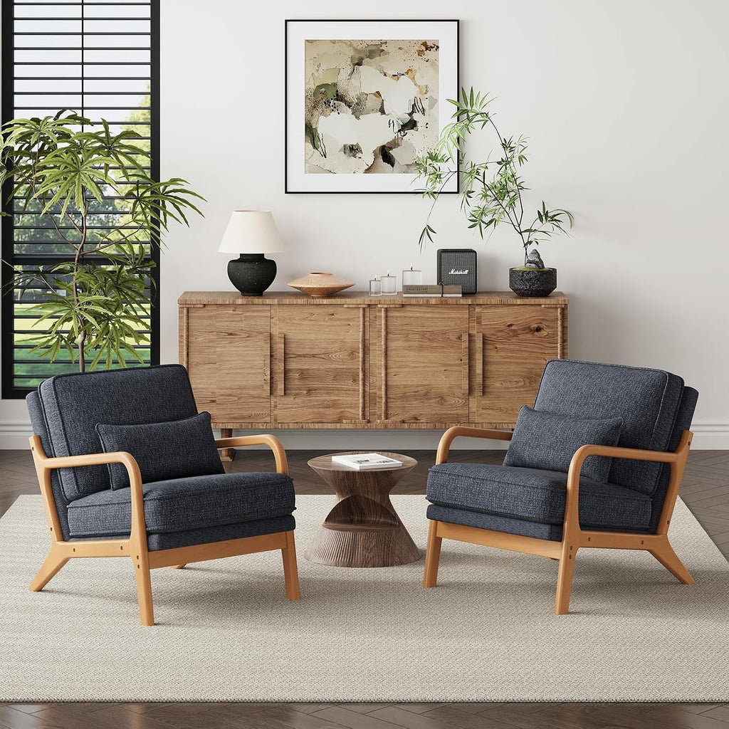 MALOL Accent Chair Set of 2 with Solid Wood Frame, Mid-Century Relaxing Armchair Lumbar Pillow& Soft Cushion, Reading Leisure Chair for Living Room, Bedroom, Waiting Room-Blue