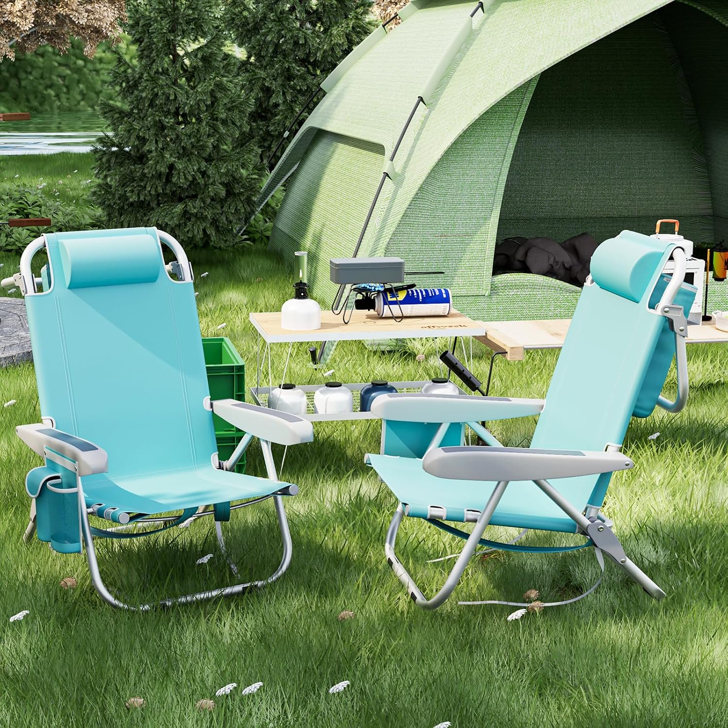 Tangkula Set of 2 Backpack Beach Chair, 5-Position Lightweight Folding Lay Flat Beach Chairs with Storage Bag, 2 Cup Holders, Towel Bar, Backpack Straps