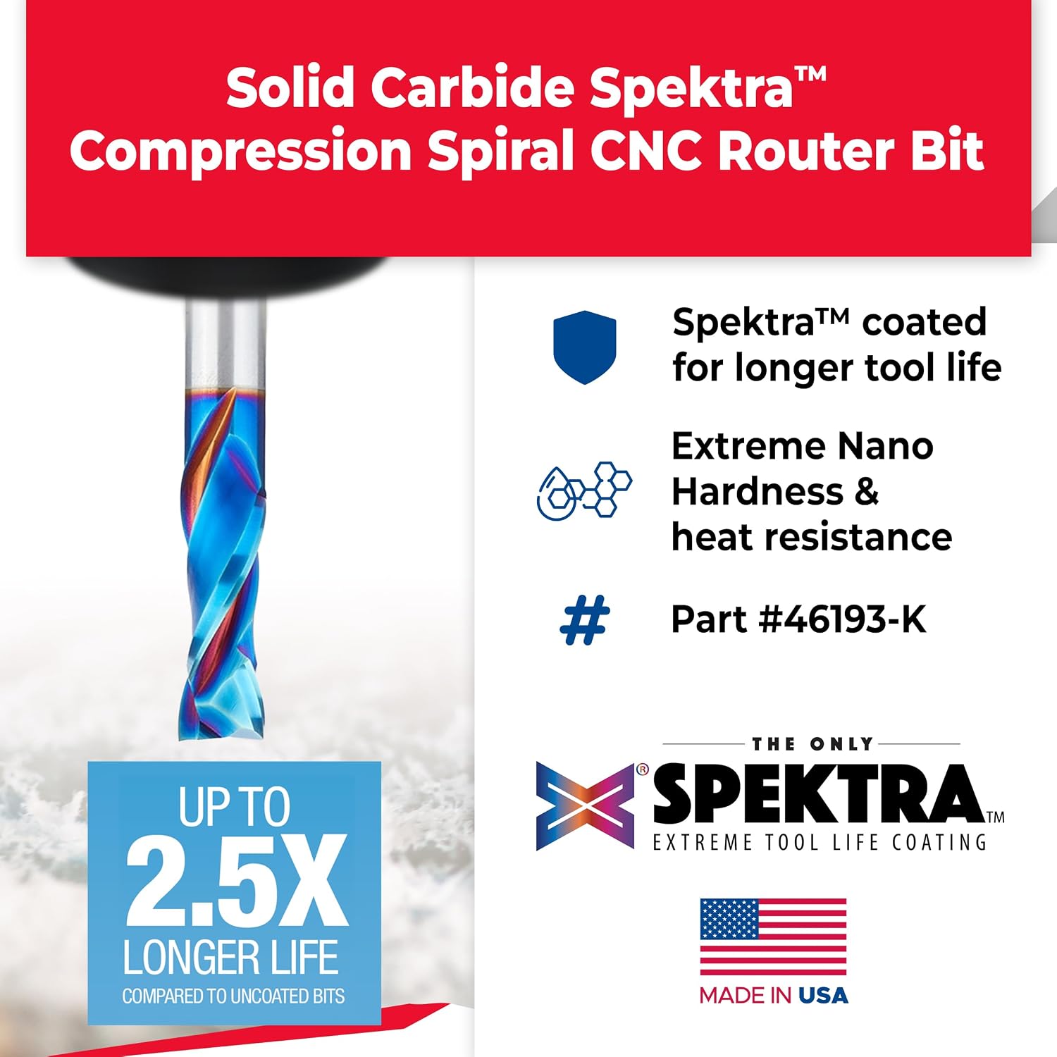Amana Tool Spektra Extreme Tool Life Coated Solid Carbide CNC Compression Spiral Router Bit, 46193-K, 1/2 D x 1-3/8 CH x 1/2 Shank x 3-1/2 Inch Long