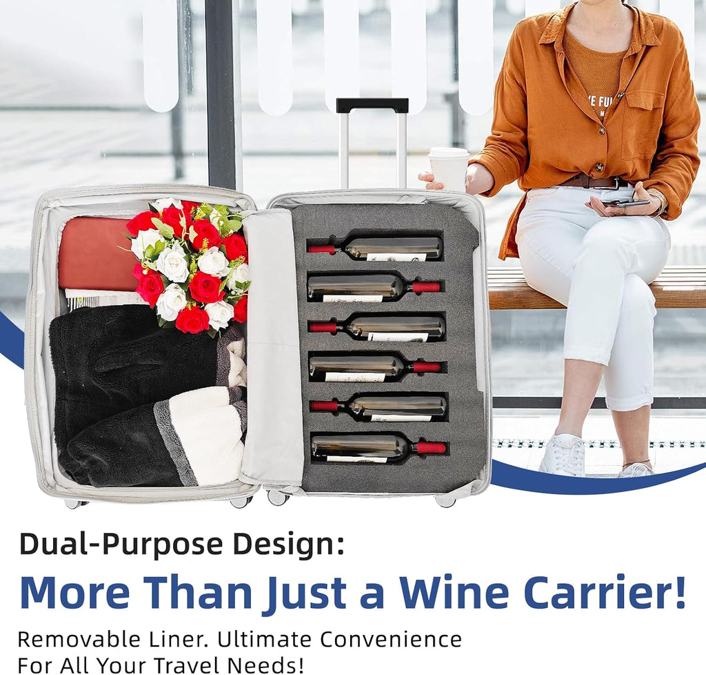Wine Suitcase for Airplanes - 12 Bottle Capacity, Durable Shipping Box, Travel Case With TSA Lock, Versatile Carrier With Removable Inserts and Silent Spinner Wheels (Sleek Silver)
