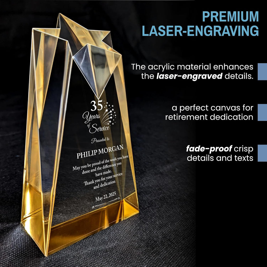 Personalized Acrylic Retirement Gifts For Men and Women, Laser Engraved Custom Trophy for Service Recognition, Years Of Service Retirement Trophy Award for Boss, Employee, Teacher (Gold Sculpted)