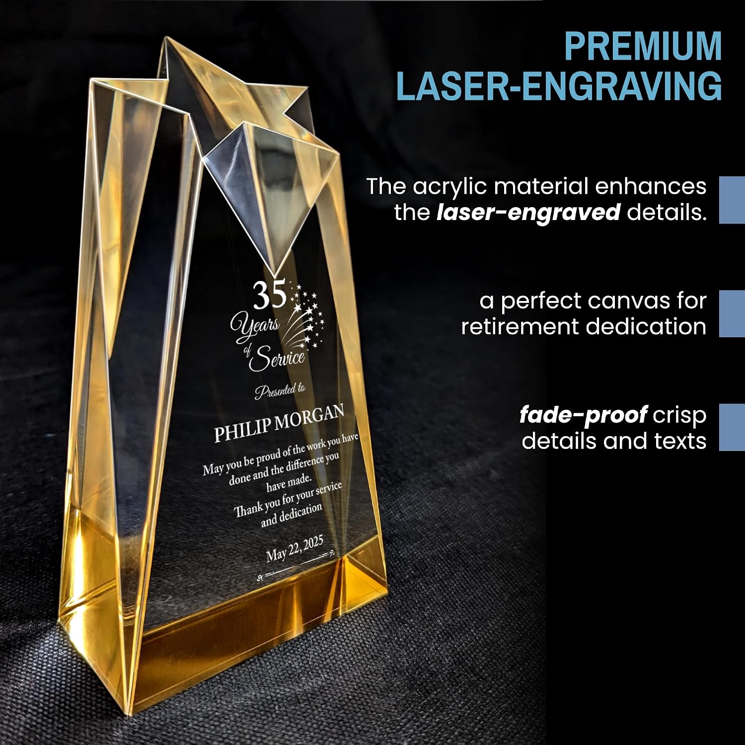 Personalized Acrylic Retirement Gifts For Men and Women, Laser Engraved Custom Trophy for Service Recognition, Years Of Service Retirement Trophy Award for Boss, Employee, Teacher (Gold Sculpted)