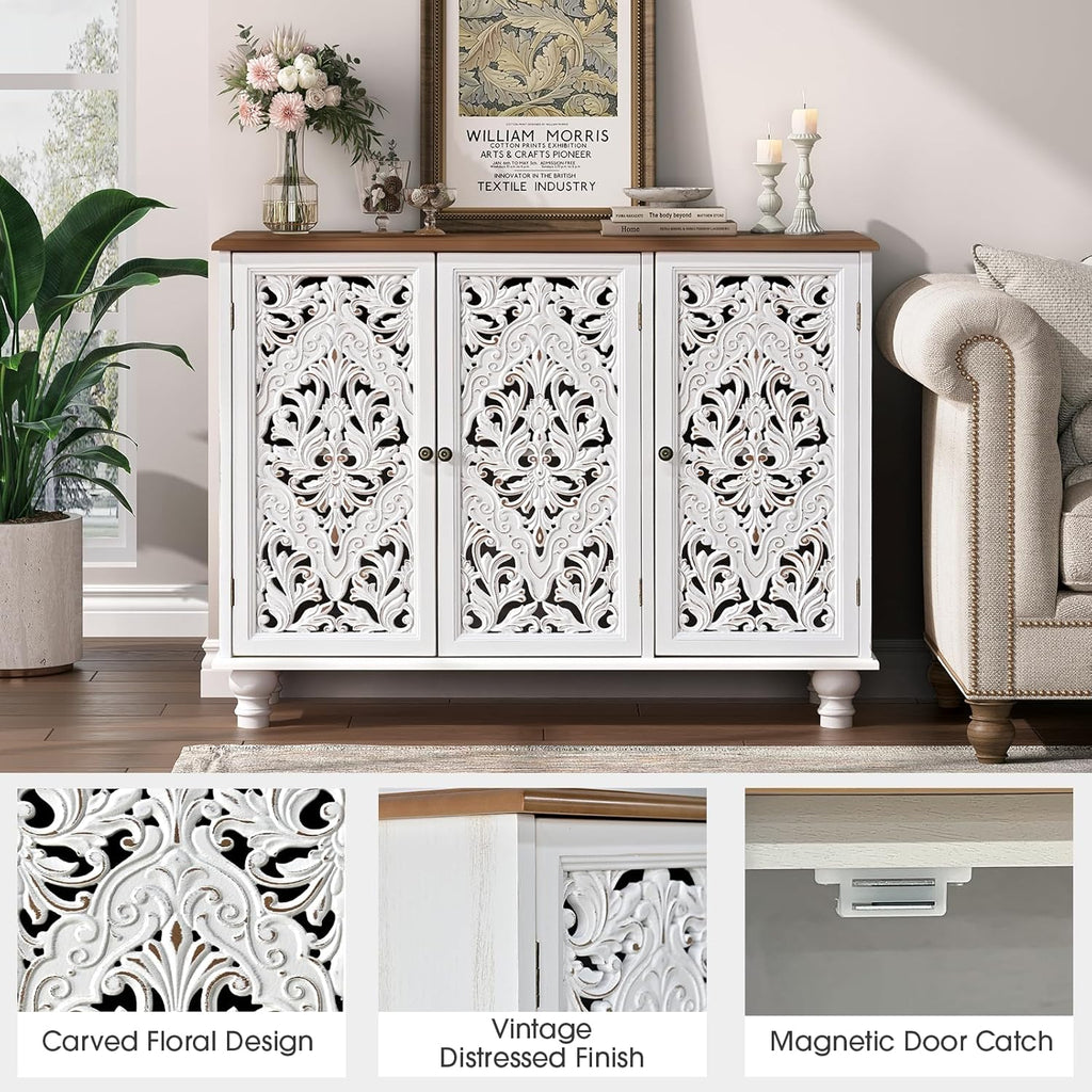 JOINICE Accent Cabinet with 3 Carved Doors,Farmhouse Buffet Cabinet with Storage for Living Room, Entryway, Dining Room, Coffee Bar(White)