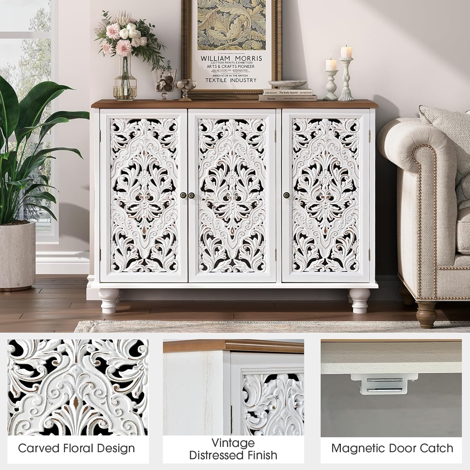 JOINICE Accent Cabinet with 3 Carved Doors,Farmhouse Buffet Cabinet with Storage for Living Room, Entryway, Dining Room, Coffee Bar(White)