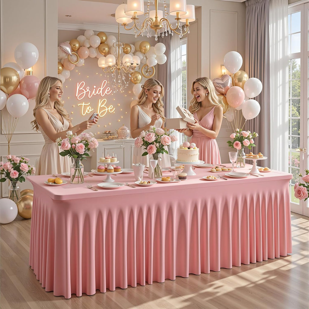 6 Packs Dusty Rose Table Clothes for 6 Foot Rectangle Tables, One-Piece Wrinkle Resistant Stretch Spandex Table Covers with Skirt for Event Banquet Wedding Birthday Party
