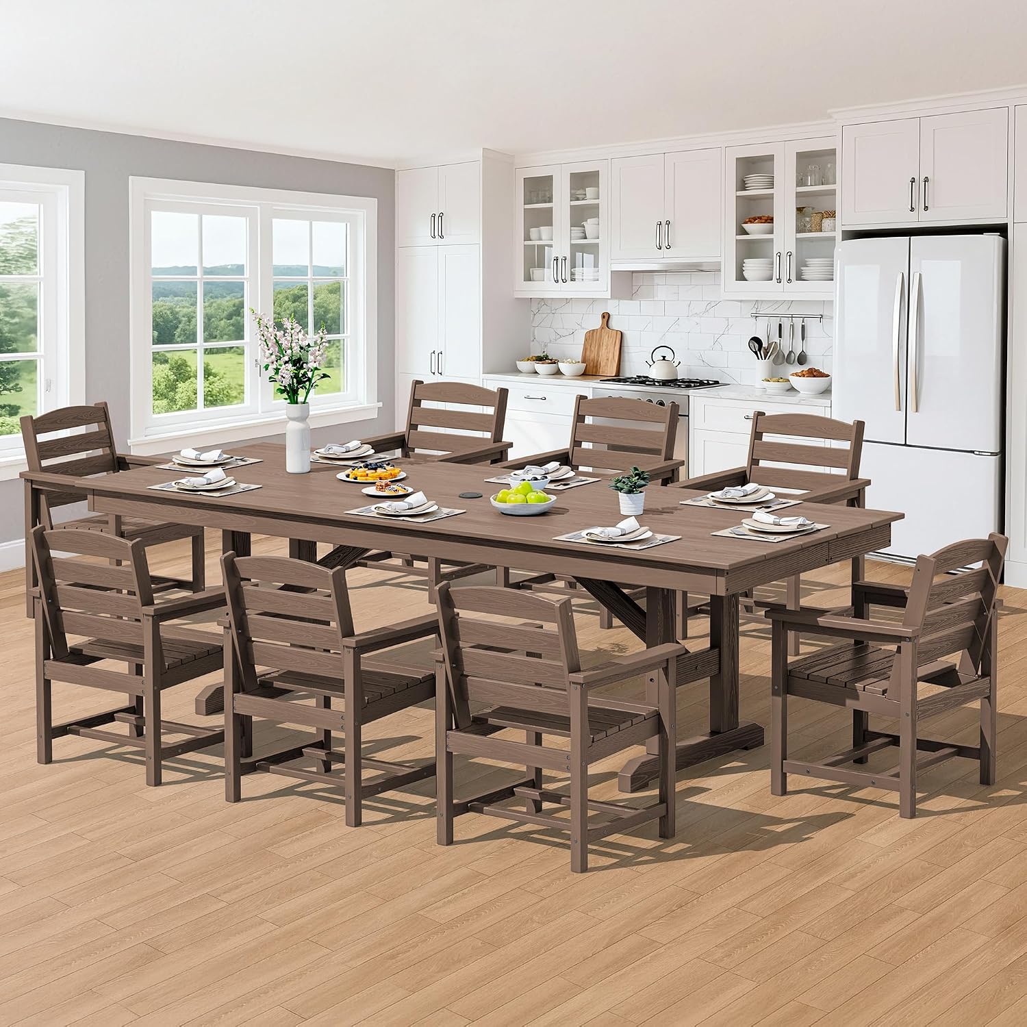 SERWALL Outdoor Dining Table, 84' Rectangular Dining Table for 6-10 Person, All Weather HDPE Patio Dining Table with Umbrella Hole for Backyard, Garden, Brown