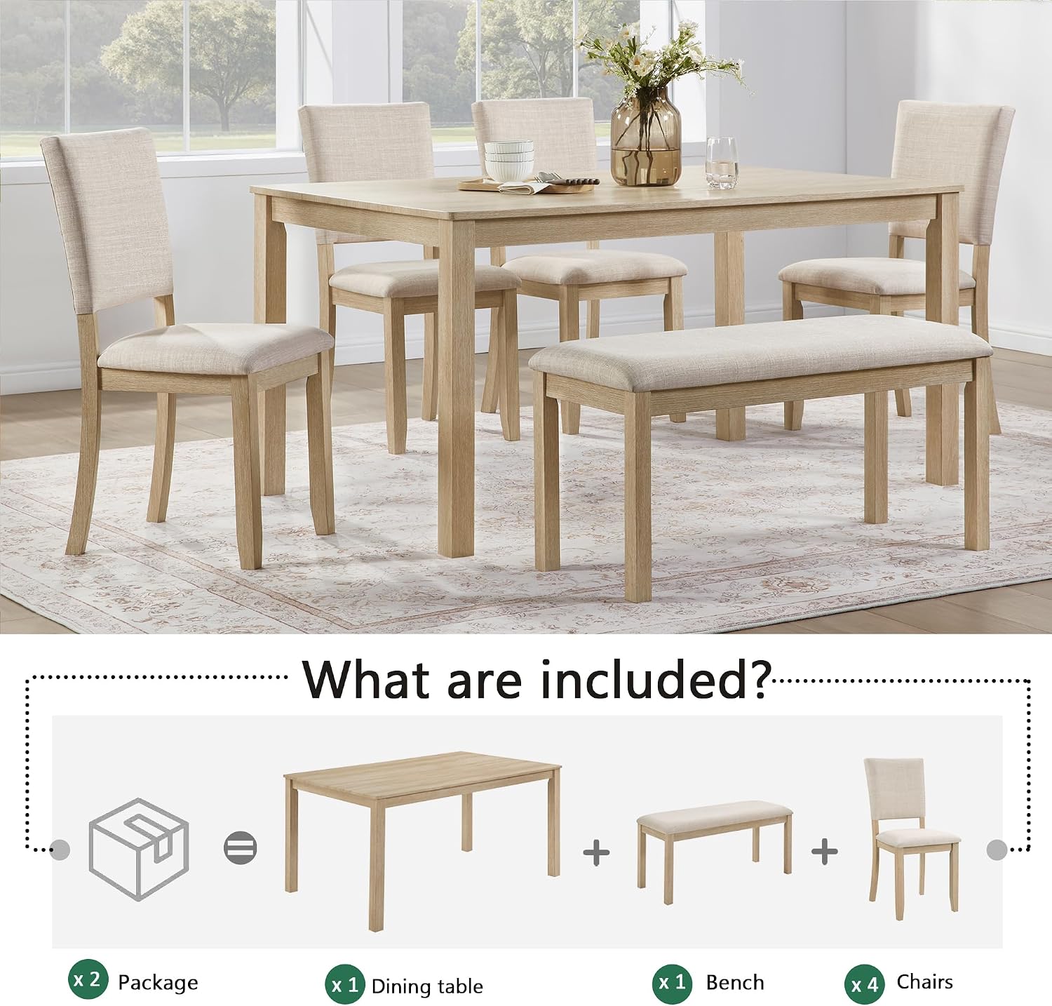 KEIKI 6-Piece Standard Height Dining Table Set with Rectangular Table, 4 Upholstered Chair, Bench, for 6 Person, Modern Style Wooden Table Set, Easy Assembly, for Kitchen, Dining Room, Light Oak