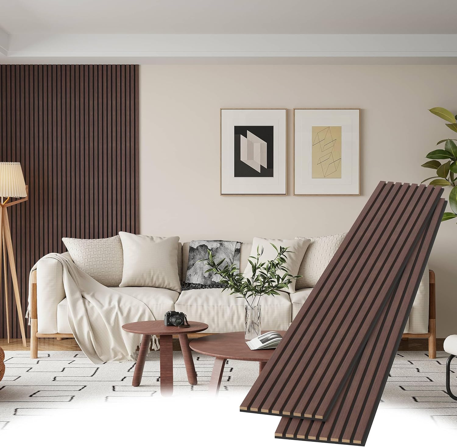 POHARE Wood Slat Wall Panels, 2 Pack Accent Decorative Acoustic Wood Slats for Wall and Ceilings, Acoustic Panels for Interior Wall Décor on Felt Back Board, Walnut, 8 x 1 ft