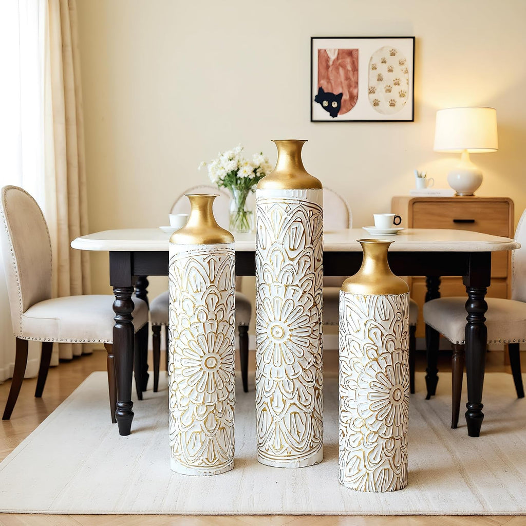 Modern White Metal Floor Vases Set of 3 – Tall Droplet-Shaped Decorative Vases for Home, Large Glazed Metal Vases for Living Room, Entryway, Wedding, Event or Floral Arrangement Décor