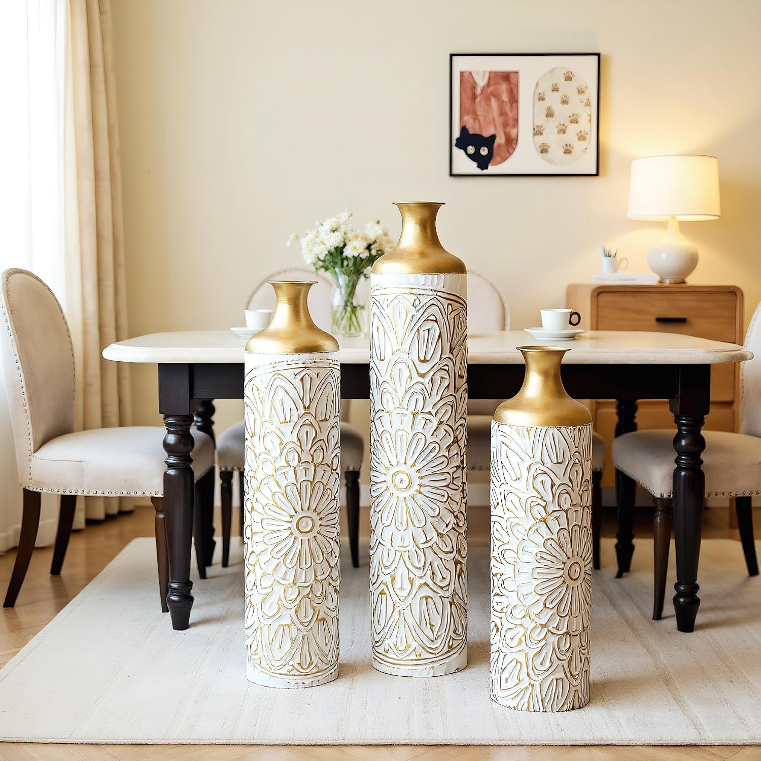 Modern White Metal Floor Vases Set of 3 – Tall Droplet-Shaped Decorative Vases for Home, Large Glazed Metal Vases for Living Room, Entryway, Wedding, Event or Floral Arrangement Décor