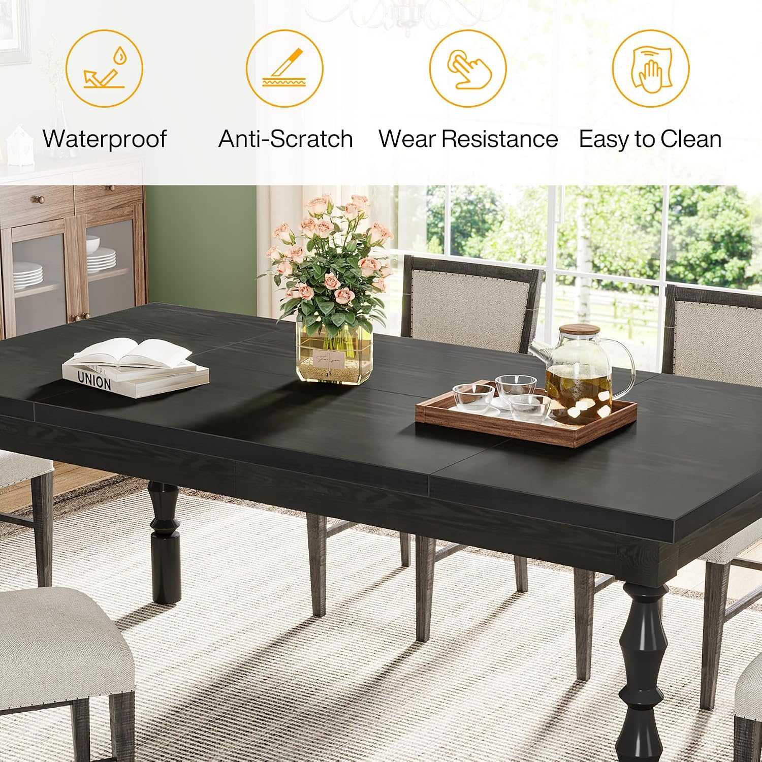 Tribesigns 62' Wood Dining Table for 4-6 People, Farmhouse Large Rectangle Kitchen Table, Modern Dinner Table Kitchen & Dining Room Furniture with Carved Turned Legs