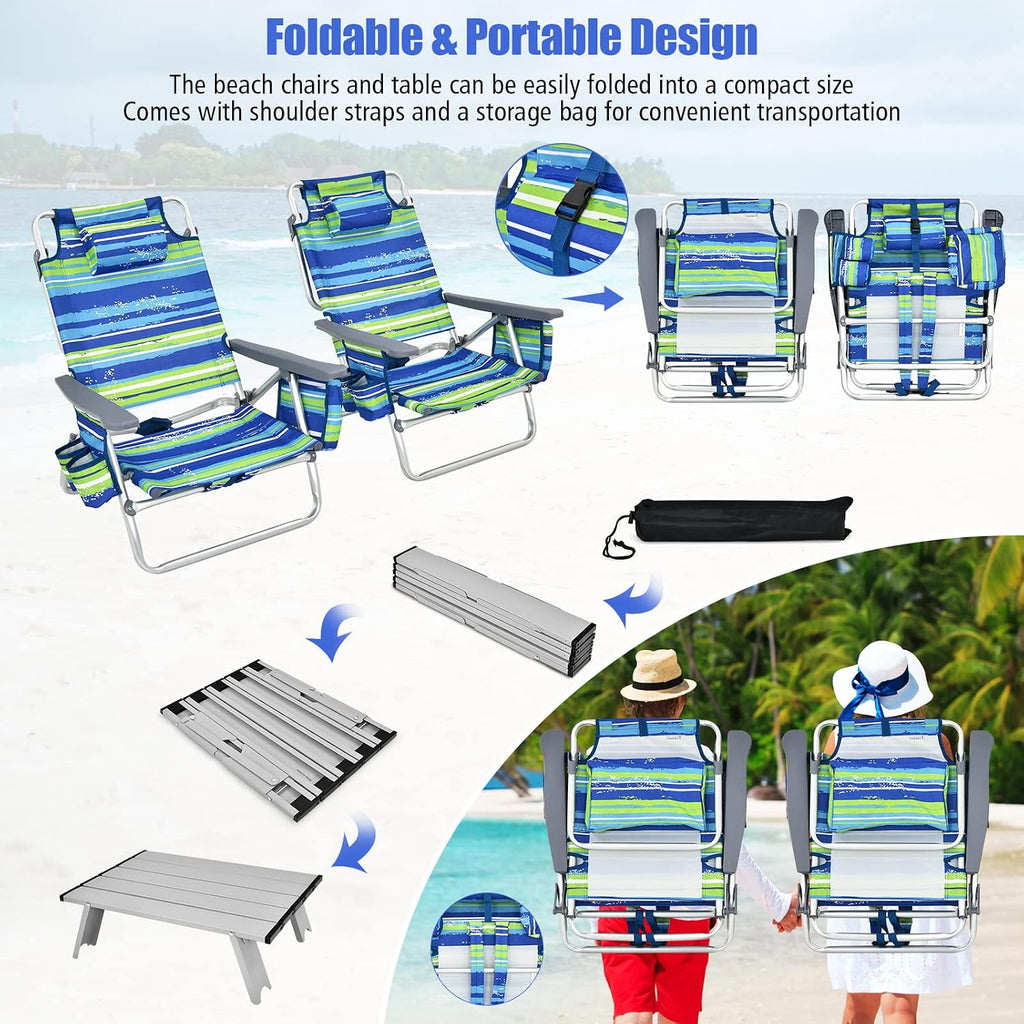 Tangkula Backpack Beach Chair with Table, 5-Position Lay Flat Beach Chairs with Cooler Bag, 2 Cup Holders, Towel Bar, Lightweight Low Folding Beach Chair with Backpack Straps