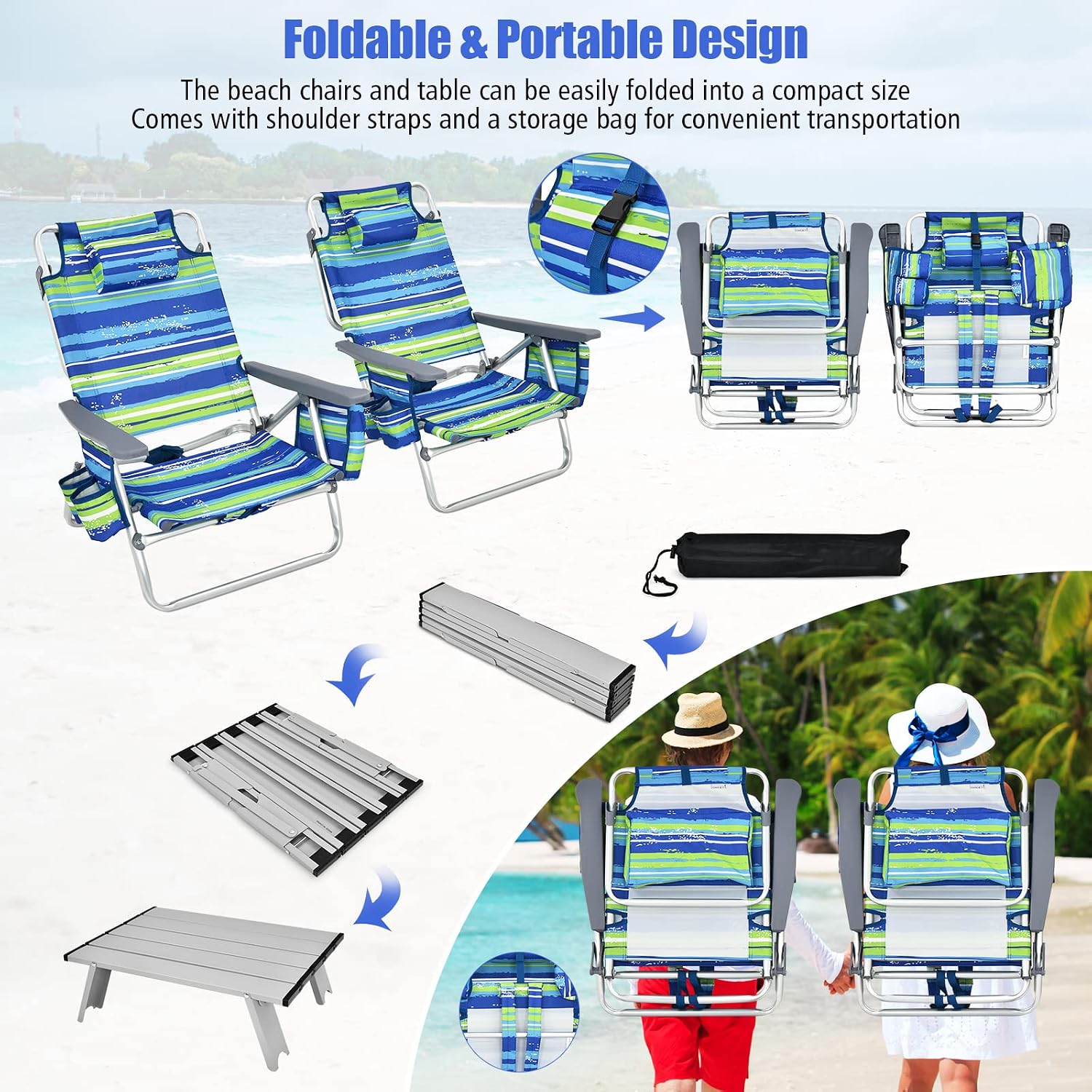 Tangkula Backpack Beach Chair with Table, 5-Position Lay Flat Beach Chairs with Cooler Bag, 2 Cup Holders, Towel Bar, Lightweight Low Folding Beach Chair with Backpack Straps
