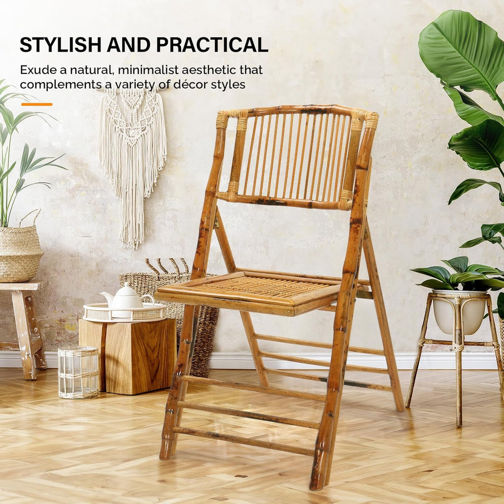VINGLI Bamboo Folding Chair, Foldable Dining Wood Chairs Comfortable Seat for Outdoor & Indoor, Patio, Porch, Wedding, Party, Event,Brown (2 Pack)