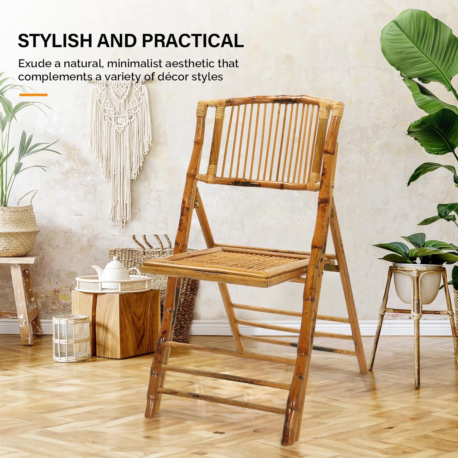VINGLI Bamboo Folding Chair, Foldable Dining Wood Chairs Comfortable Seat for Outdoor & Indoor, Patio, Porch, Wedding, Party, Event,Brown (2 Pack)