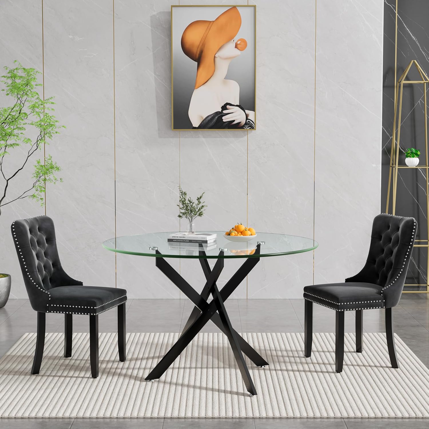 HomVent 3 Piece Round Glass Dining Table Set, Tempered Glass Dinner Table Set for 2 Kitchen Table Set with 2 Velvet Upholstered Chairs for Kitchen Dining Room