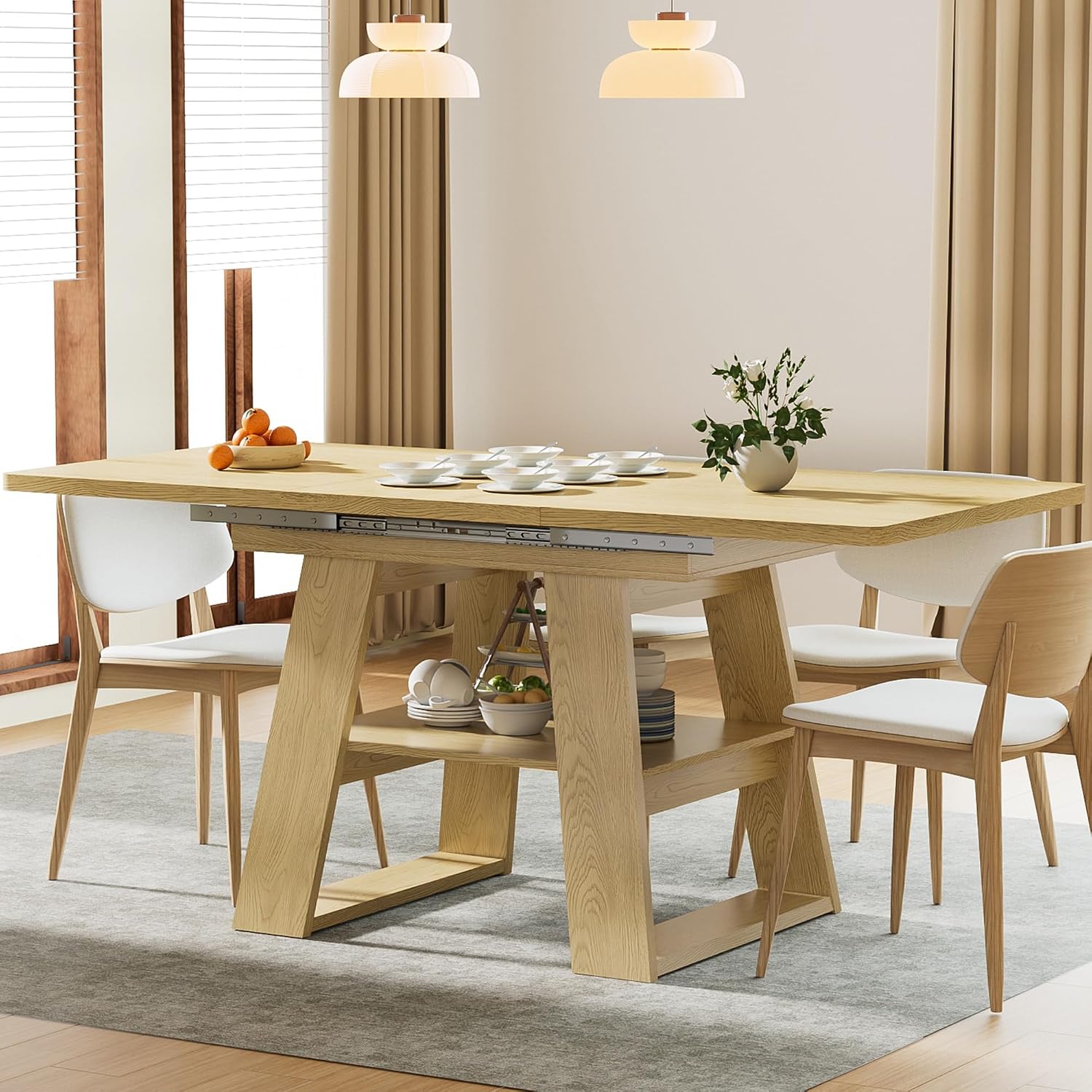 Lxsxlome 47.24''-66.92'' Extendable Dining Room Table for 4-6, Rectangle Extendable Kitchen Table with Removable Leaves, Space Saving, Wooden Dining Table with Storage Shelf (Style 2, Wood Color)