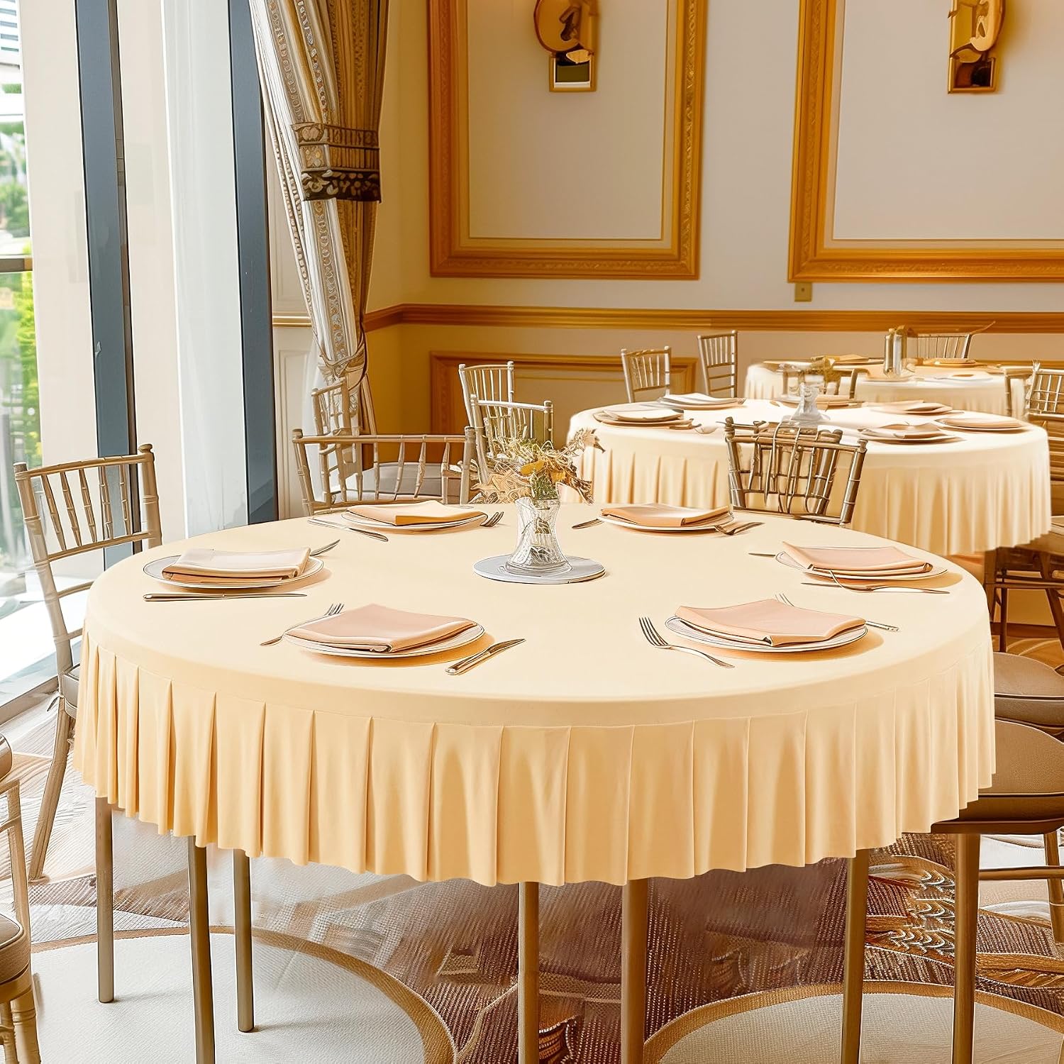 6 Pack Champagne Spandex Tablecloths for 60 inch Table, Stretchy Fitted 5FT Table Cloths Wrinkle Free Covers with Skirt for Wedding Banquet Birthday Party Buffet Restaurant